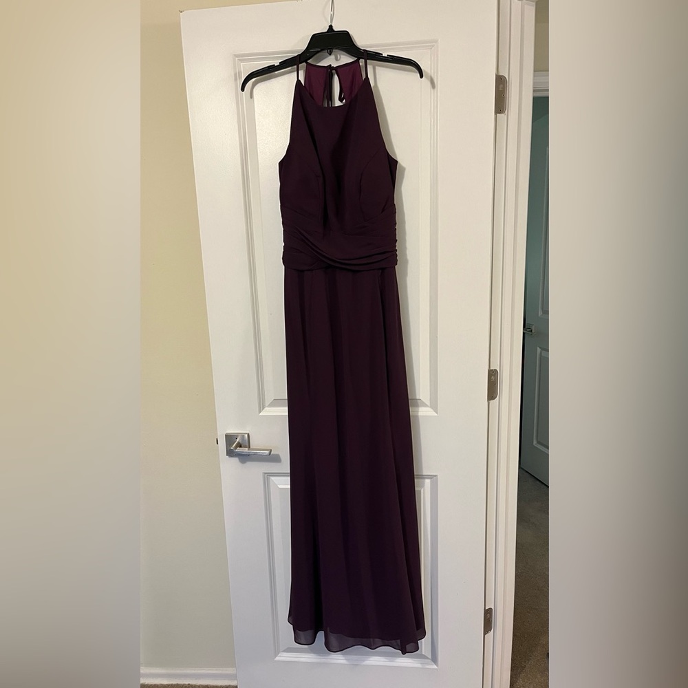 Long purple bridesmaid dress, open back with built in bra - size 10-12